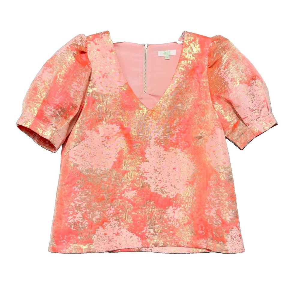 JADE by Melody Tam Metallic Jacquard Blouse Womens S Coral Gold Puff Sleeve Top